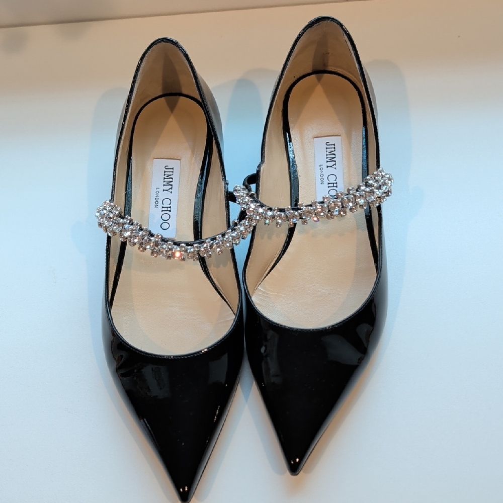 Jimmy Choo Black Patent Heels with Silver Embellishment